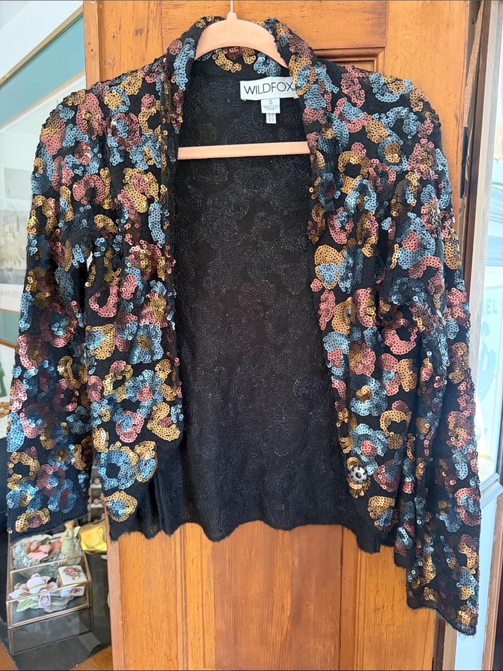 Wildfox Black Sequin Cardigan with Gold, Blue & Pink Accents